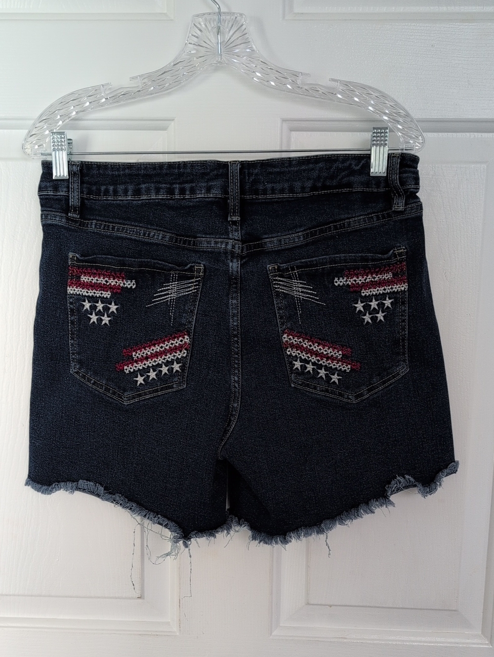 Denim Jean Frayed Hem Shorts Sz 10 Tummy Control Stars & Stripes Royalty For Me - Picture 2 of 12